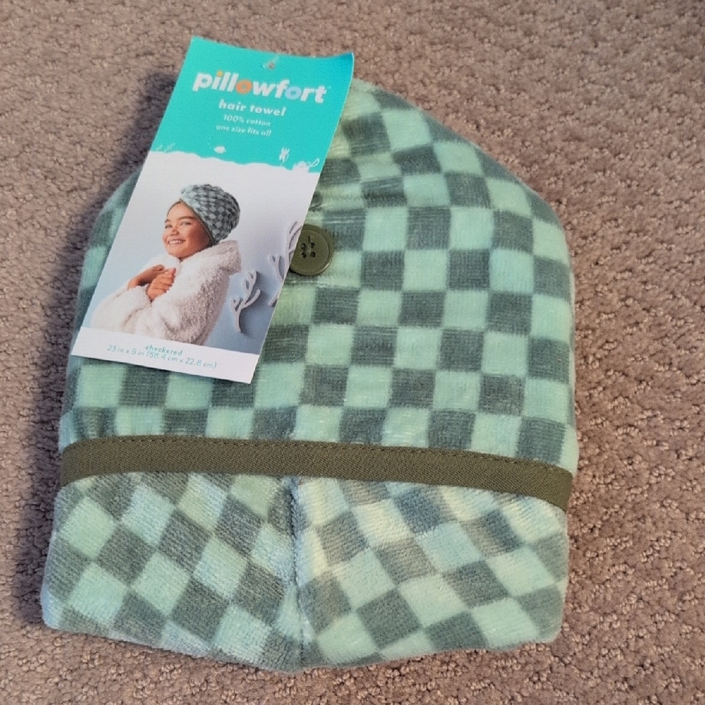Pillowfort Mint Checkered Kids Hair Towel NWT
